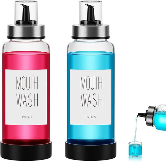 VITVITI 10OZ Mouthwash Dispenser for Bathroom, Glass Mouth Wash Container with Cup Lid, Clear Refillable Mouthwash Bottle Decanter with Silicone Pad/Labels, Set of 2