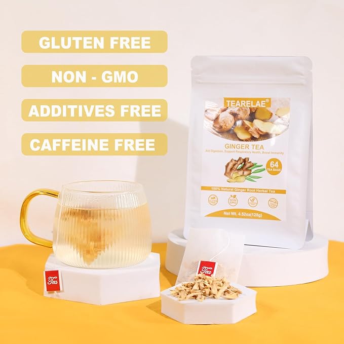 TEARELAE - Ginger Tea Bags, 64 Count - 100% Pure Ginger Root Tea, Soothing & Spicy - Non-GMO - Caffeine-free - Aid Digestion & Support Respiratory-StrideForce Fitness