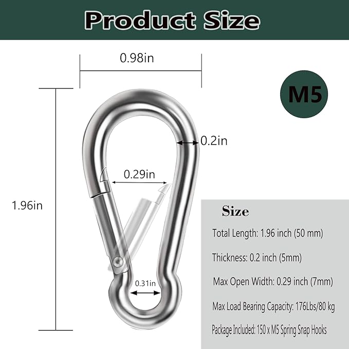 M5 Spring Snap Hook Carabiners, Carabiner Clip, Heavy Duty Galvanized Steel Spring Clip, Quick Link Key Chain for Swing Hammock Gym Outdoor, Holding Capacity-StrideForce Fitness