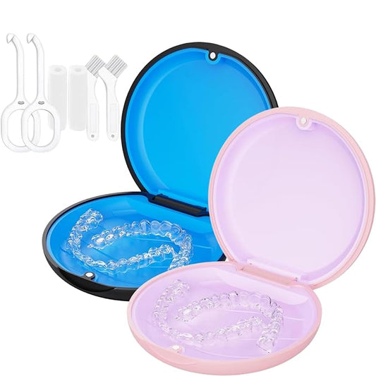 2 Retainer Case, Slim Aligner Cases for Invisalign, Mouthguard Case with Removal Tools& Aligners Chewies& Brush, Removable Inner Tray Silicone for Easy Cleaning (Black&pink)