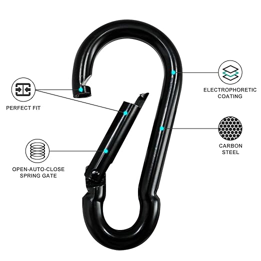 KINLINK 15 Pack Black Carabiner Clip, 3.15 inch Heavy Duty Spring Snap Hook, Small Caribeener Clips for Outdoor Camping, Swing Set, Hammock, Hiking Travel, Fishing, Quick Link Keychain-StrideForce Fitness