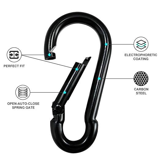 KINLINK 2 Pack Black Carabiner Clip, 5.5 inch Heavy Duty Spring Snap Hook, Large Caribeener Clips for Camping, Swing Set, Hammock, Hiking, Travel, Weight Lifting Machine, Home Gym Equipment-StrideForce Fitness