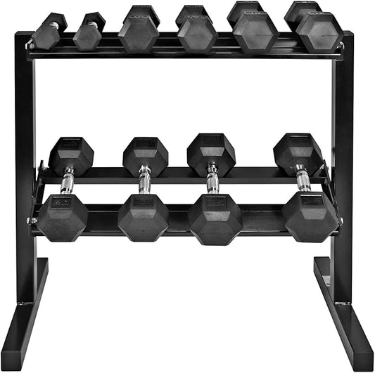 WF Athletic Supply Rubber Coated Hex Dumbbell Set with Two Tier Premium Storage Rack Built for Strength Building, Weight Loss & Home Gym ??Multiple Sets Available