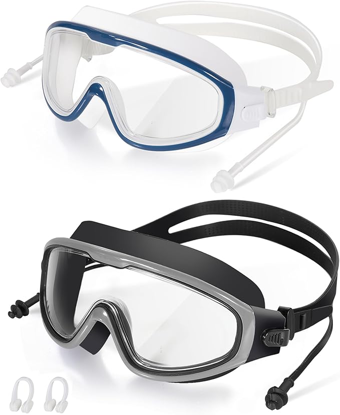 Adult Swimming Goggles,Leak-Proof,Anti-Fog Pool Glasses,Wide View Swim Goggles with Ear Plugs and Nose Clip-StrideForce Fitness