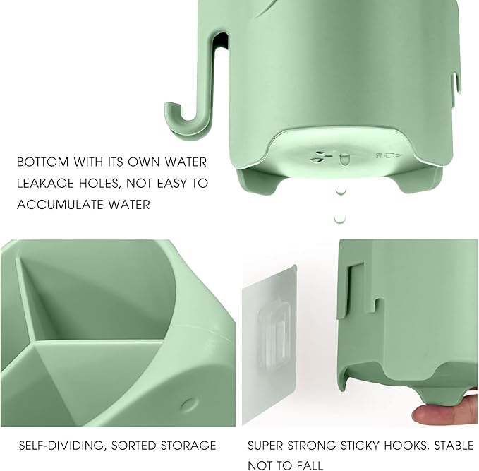 Kids Toothbrush Holder, Cute Elephant Toothbrush Holders for Toddler, Toothbrush Toothpaste Holder for Bathroom, Toothbrush Organizer with 3 Slots and a Hook, Green