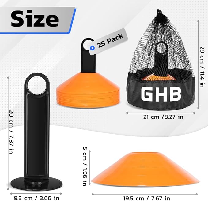 GHB Soccer Cones 25/50/100 Pack Disc Soccer Sport Cones Training Field Marker Agility Cones for Traffic, Basketball, Coaching, Practice Equipment Includes Cone Drills Guide-StrideForce Fitness