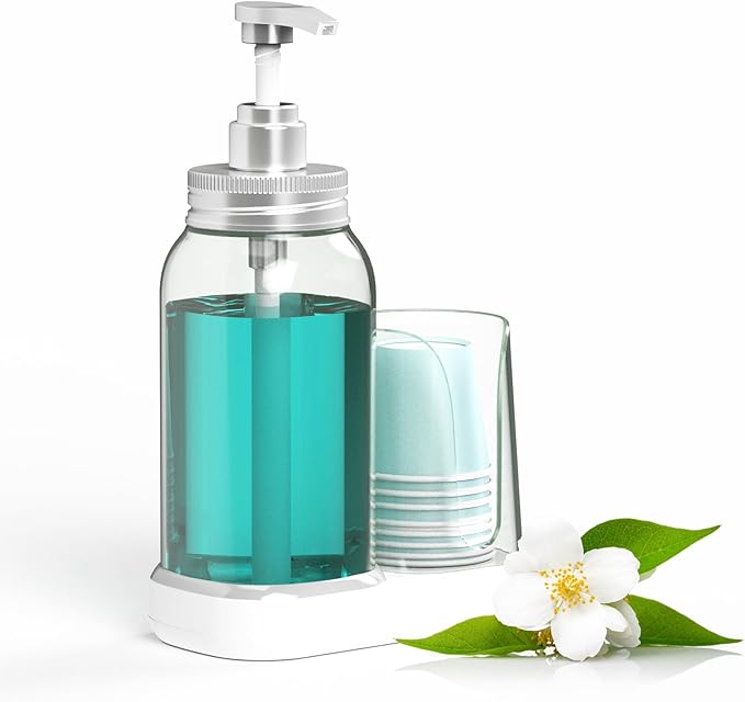 Luvan Mouthwash Dispenser for Bathroom, 25oz Mouthwash Pump Bottle with Cup Holder, Refillable Clear Blue Mouth Wash Container for All Age Groups, Large Capacity Bathroom Mouthwash Holder Set