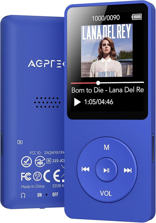 AGPTEK A02 MP3 Player with Bluetooth 5.3, 1.8 inch Screen Portable Music Player with Speaker, FM Radio, Voice Recorder, Supports Expanded Up to 128GB(Blue, 32GB)-StrideForce Fitness