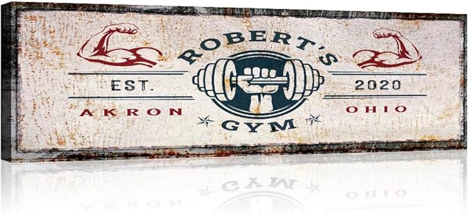 Tailored Canvases Personalized Gym Sign Wall Art Decor - Motivational Canvas for Home Gym, Workout Room, Garage, Fitness Center - Workout Inspirational Posters - One Hand with Dumbbell on Rustic, 36x12in-StrideForce Fitness