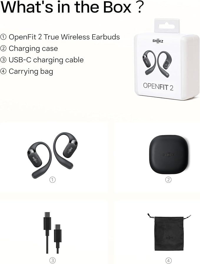 SHOKZ New OpenFit 2 Open-Ear Headphones, True Wireless Bluetooth Earphones with Microphone, Earhook Earbuds with 48 Hours of Playtime, Fast Charging, IP55 Water-Resistant, with Carrying Bag, Black-StrideForce Fitness