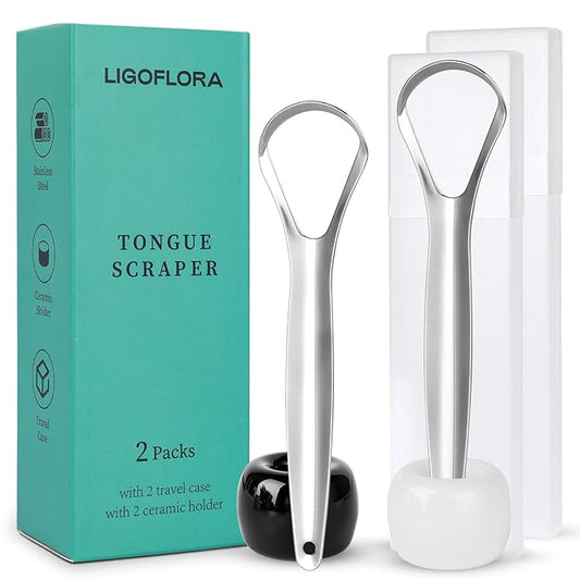 Tongue Scraper for Adults with 2 Ceramic Holder and 2 Travel Case – 2 Pack Stainless Steel Tongue Scraper for Tongue Cleaning and Reducing Bad Breath, Tongue Cleaner
