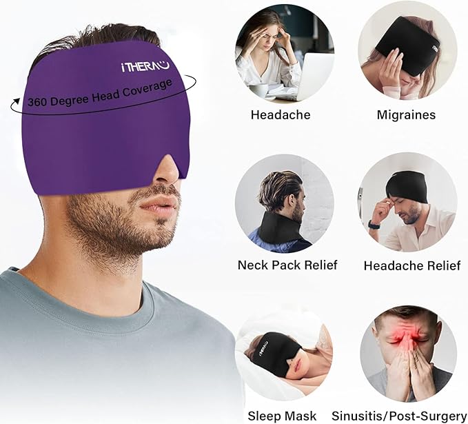 iTHERAU Migraine Relief Cap, Migraine Ice Head Wrap, Headache Ice Hat, Cold Therapy Headache Relief Cap for Migraine Eyes Mask Purple Headache Ice Pack for Puffy Eyes, Tension, Sinus & Stress Relief-StrideForce Fitness