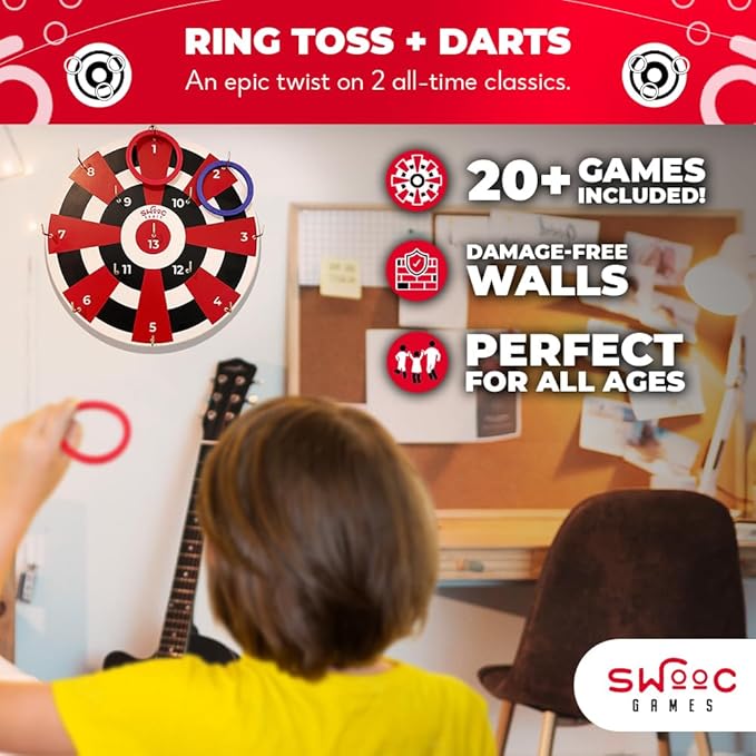 Swooc Games® ‒ Hook Darts Ring Toss Game ‒ Wood Board & Soft Rings ‒ 20+ Games Included for Kids & Adults ‒ Wall Mounted Ring and Hook ‒ Indoor & Outdoor Wall Decor for Game Room, Patio, Garage, Yard-StrideForce Fitness