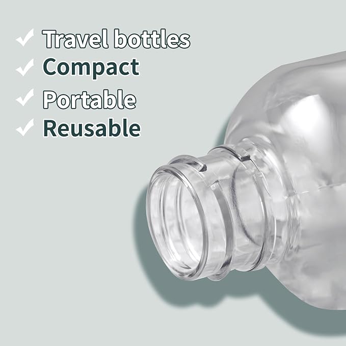 Tekson Plastic Travel Bottles 3.4 oz, Travel Size Containers for Shampoo, Empty Mouthwash Bottles with Black Screw Cap (100ml, Clear)