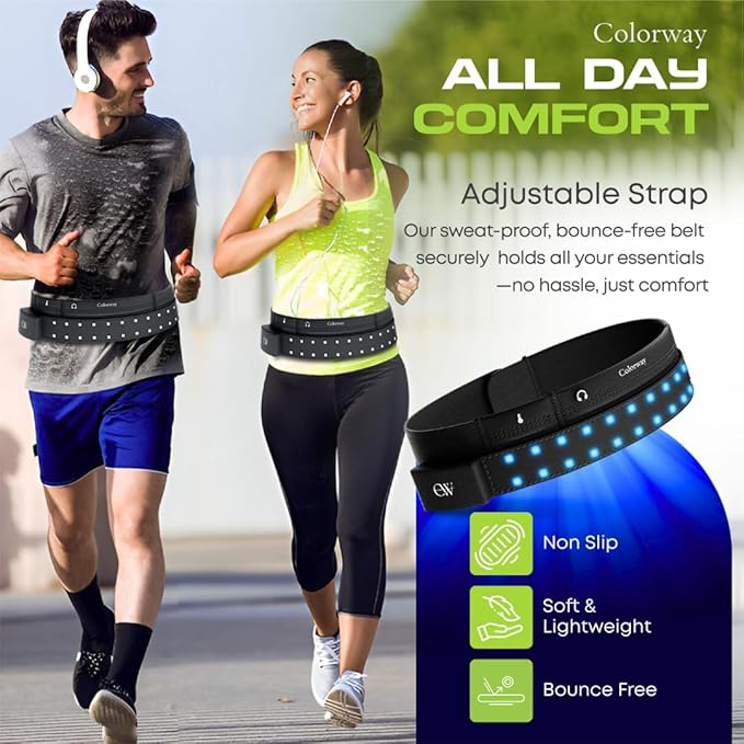 Colorway Led Running Belt – Day & Night Adjustable Waist Pack, Removable Light Strip, 3 Pouches for All Essentials, Reflective Running Gear for Men & Women (Rechargeable, Machine Washable)-StrideForce Fitness