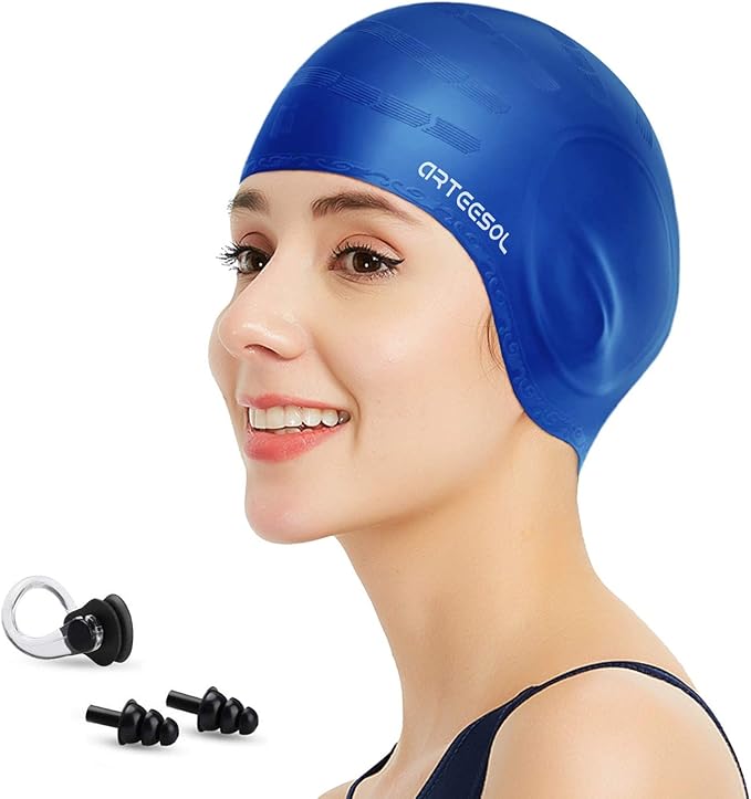 Swimming Cap, Silicone Swim Cap for Women Men, Durable Non-Slip Waterproof Swim Cap Protect Ears, Long Hair for Adults, Older Kids-StrideForce Fitness