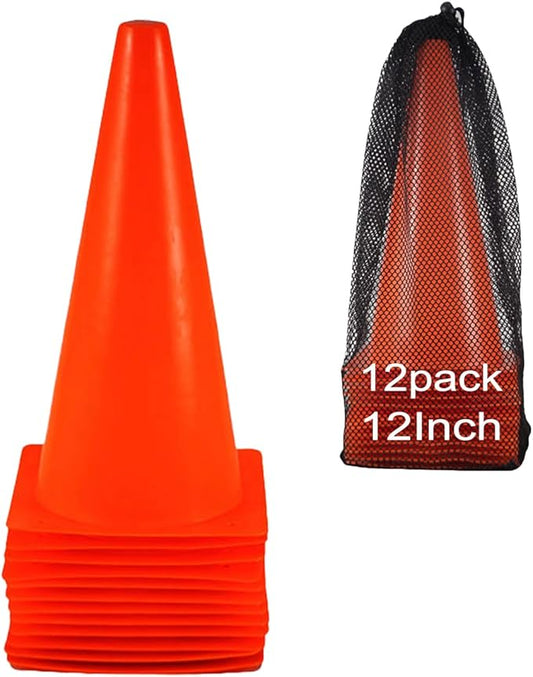 12 Inch Traffic Training Cones, 12 Pack Cones Sports Training Agility Plastic Safety Parking Cones, Agility Field Marker Cones for Soccer Basketball Football, Outdoor Sport Activity-StrideForce Fitness