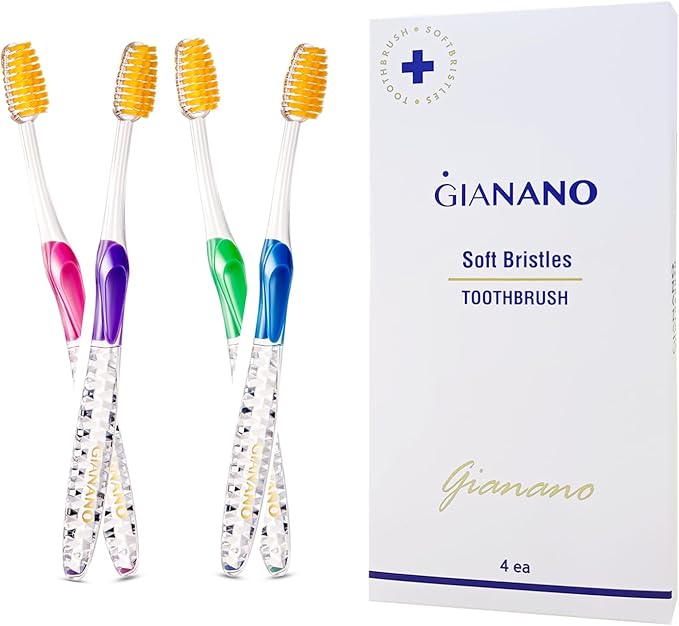 Soft Slim Gold Bristles Toothbrush for Sensitive Gums - Soft Slim Bristles, Compact Head, Toothbrushes for Adults / 4-Piece Set (Blue, Green, Pink, Violet)