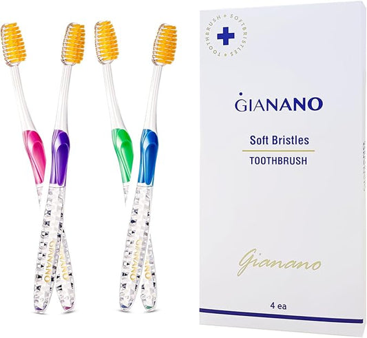 Soft Slim Gold Bristles Toothbrush for Sensitive Gums - Soft Slim Bristles, Compact Head, Toothbrushes for Adults / 4-Piece Set (Blue, Green, Pink, Violet)