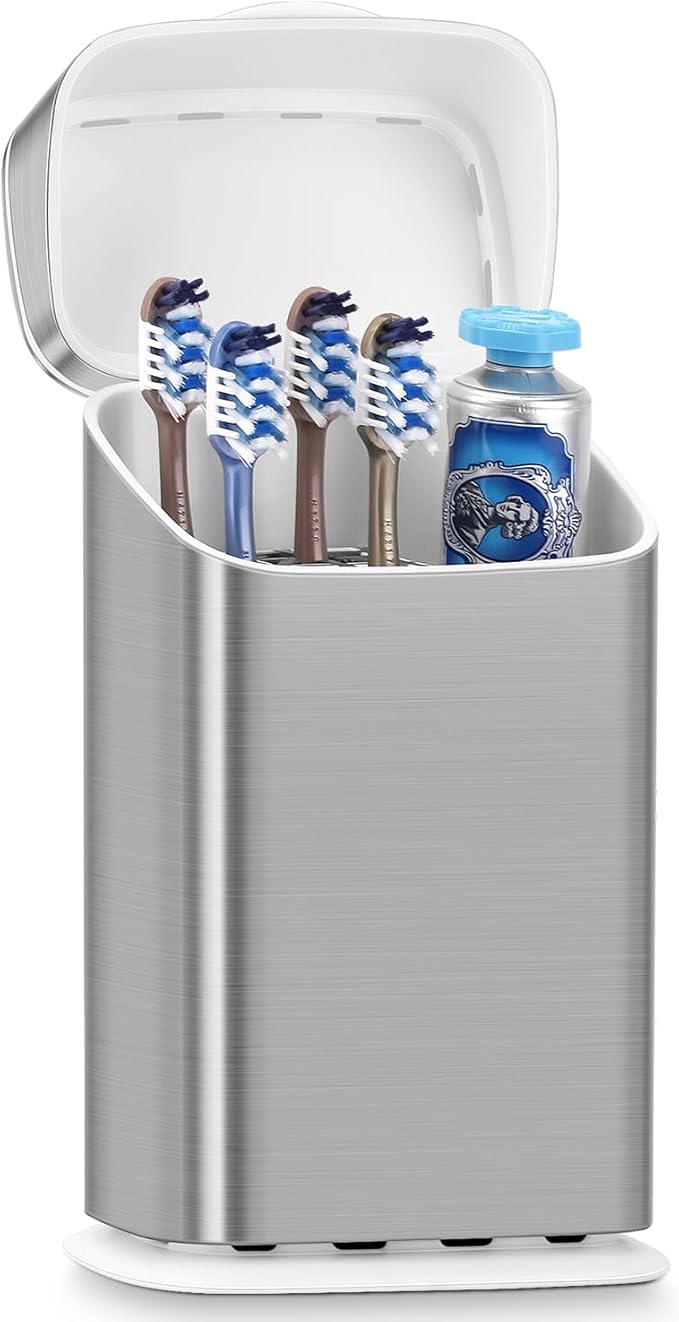 Toothbrush Holders with Cover - 5 Slots Tooth Brush Holder for Bathroom, Detachable Bathroom Counter Organizer with Drainage Kids Toothbrush and Toothpaste Holde, Silver