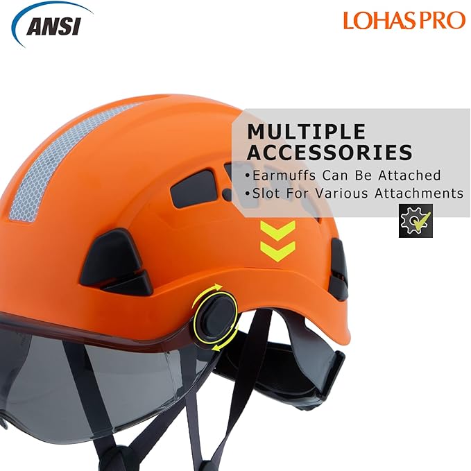 Hard Hats Construction Safety Helmet with Visor ANSI Z89.1 Approved OSHA Hardhat, LOHASPRO Vented Men Work Hard Hat with Chin Strap Tree Climbing Arborist Helmet (P4 Orange+Smoked Visor)-StrideForce Fitness
