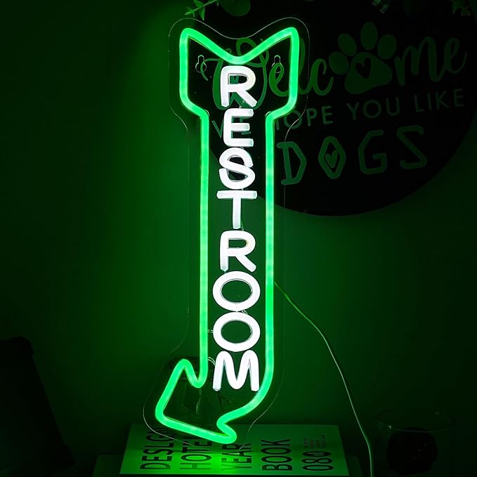 Restroom Neon Sign for Wall Decor Toilet Neon Light Arrow Led Neon Lights White Green Led Neon Signs for Hotel Bar Hospital Mall Store Office Decoration(16.9”*6.3”)-StrideForce Fitness