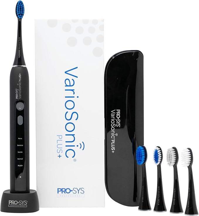 PRO-SYS® VarioSonic Plus+ Full Kit Professional Electric Toothbrush, Rechargeable with Pressure Sensor and Timer, Customizable Intensity Powered Toothbrush with Travel Case (Black)