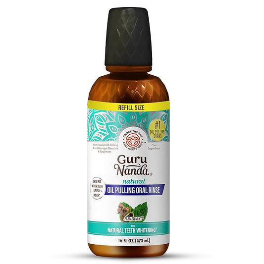 GuruNanda CocoMint Oil Pulling Mouthwash for Complete Oral Hygiene, 7 Essential Oils & Vitamins for Happy Teeth & Gums & Fresh Breath, Alcohol-Free, 16 oz
