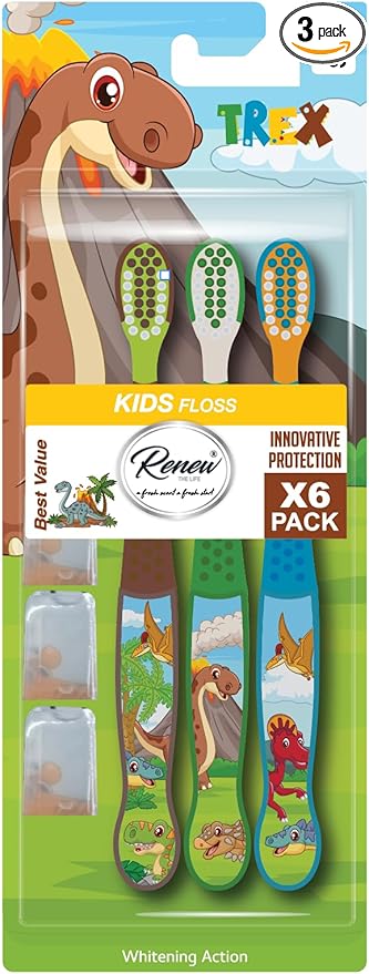 Kids Toothbrush with Travel Caps, Extra Soft Bristles, Dinosaur Theme, Manual, Ages 3-10, Pack of 3 (Trex Dinasaur, 1 Pack)
