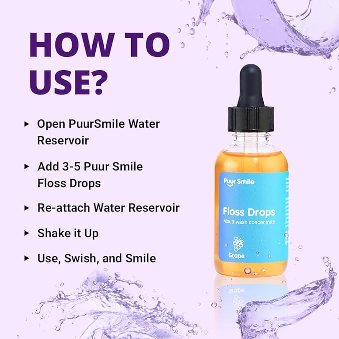 Concentrated Floss Drop Serum – 2oz Concentrated Mouth Wash to Use in Water Flosser | Natural Essentials Promotes Good Breath | Organic Drop Provides Good Oral Health (Grape Flavor)