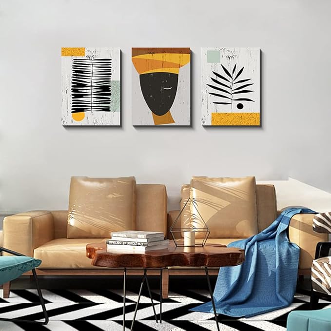 Framed Canvas Wall Art African Ethno Motive Wall Art Set, Abstract Ethno Art, African American Woman Portrait, Black Orange Print, Contemporary Collage, Minimalist (S-3pcs,20x30inchx3pcs)-StrideForce Fitness