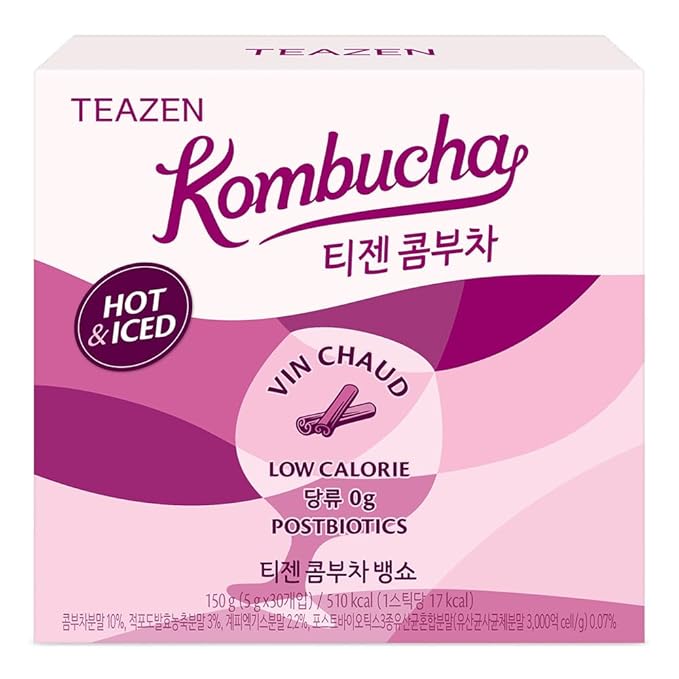 TEAZEN Mulled Wine Kombucha Tea, Live Probiotics & Postbiotics, Relaxation and Warmth for Colds and Sore Throat, Electrolyte & Hydration Drink Mix, Sugar Free, 30 Sticks, 5.29oz-StrideForce Fitness