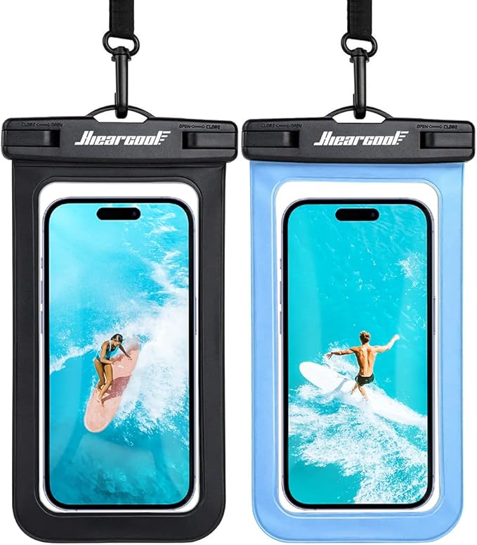 Hiearcool Waterproof Phone Pouch, Waterproof Beach Bag Compatible for iPhone 17 16 15 14 13 Pro Max, IPX8 Cellphone Travel Essentials for Beach -Black & Sky Blue-2Pack-StrideForce Fitness