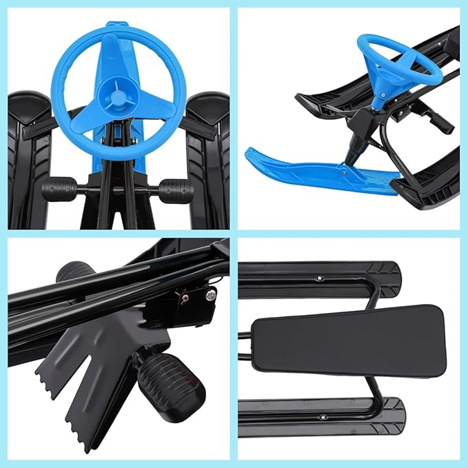 Snow Racer Sled, Ski Sled Slider Board with Steering Wheel, Twin Brakes, Anti-Slip Pedal, Snow Sled for Kids-StrideForce Fitness