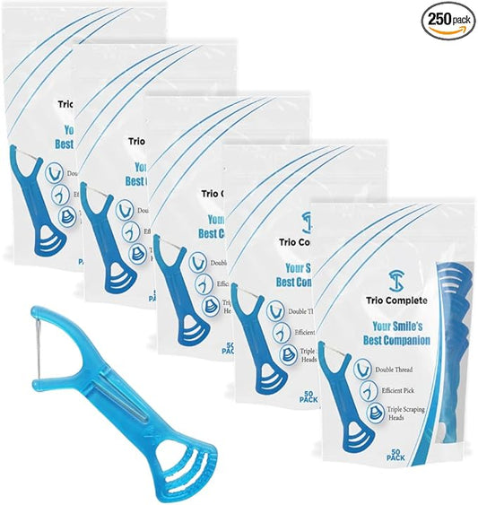 3-in-1 Complete Dental Care Set (5 Pack - 250 Count): Double Thread Floss Picks, Toothpicks, and Tongue Scraper - Your Oral Hygiene Solution with Disposable Floss Sticks for On The Go or Travel