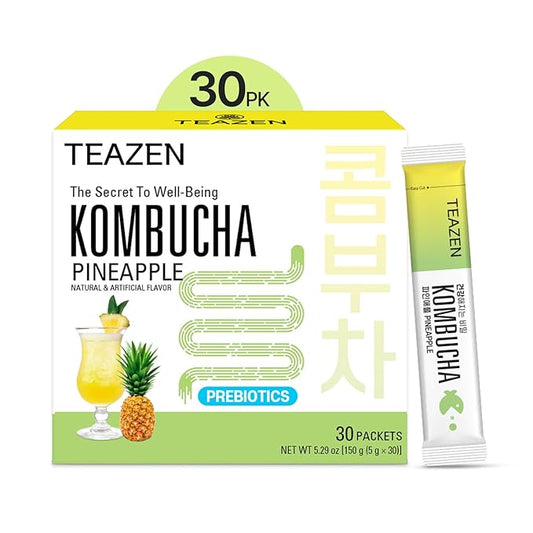 TEAZEN Pineapple Kombucha Tea, Hydration Drink Mix, Sugar Free, Live Probiotics & Prebiotics, 30 Sticks, 5.29oz-StrideForce Fitness