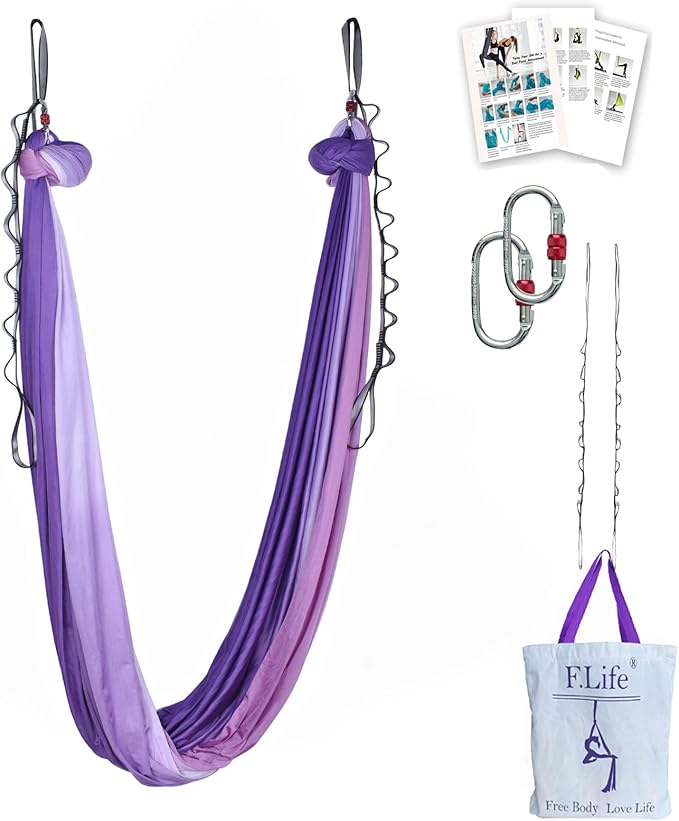 F.Life Aerial Yoga Hammock kit- Yoga Swing Multicolor 5 yards-Flying Yoga Include Daisy Chain,Carabiner and Pose Guide-StrideForce Fitness