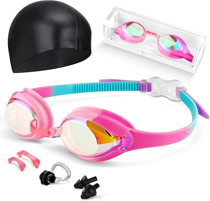 Kids Swim Goggles, Anti-fog and UV Protection with Swim Cap for Age 3-15 Youth Boys Girls Toddler-StrideForce Fitness