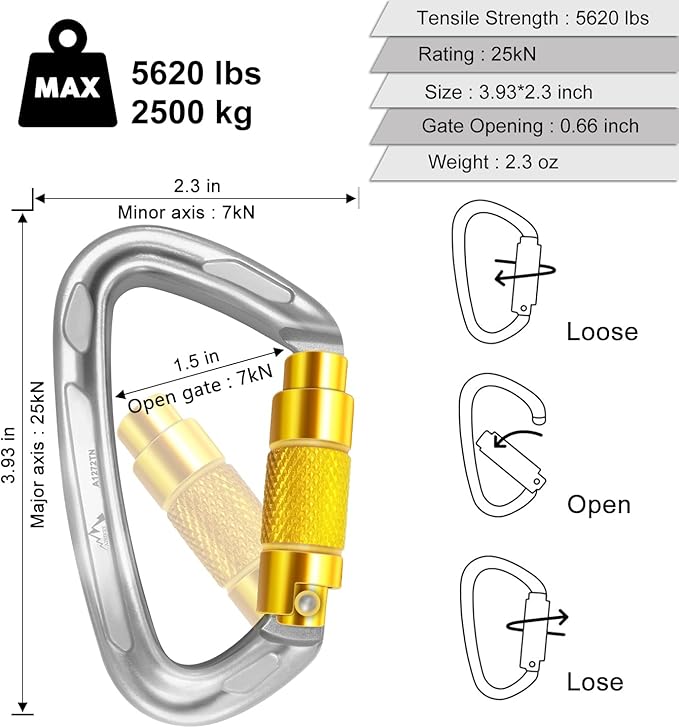 Climbing Carabiner Clips 25kN Auto Locking Carabiner, Professional Heavy Duty Large Locking Carabiner Clips for Rock/Ice Climbing Rappelling Rescue Swing etc, D Shaped, Large Size-StrideForce Fitness