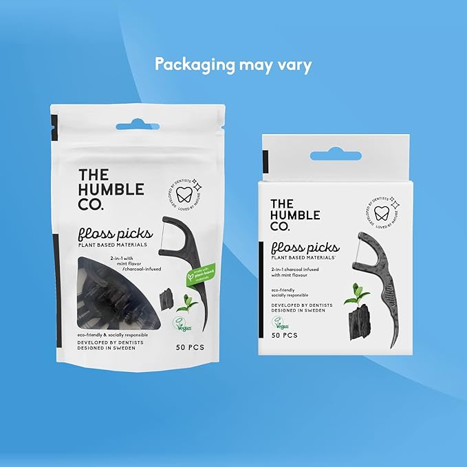 The Humble Co. Floss Picks (200 Count) – Plant Based Dental Floss Picks for Superior Oral Care, Dental Hygiene, and Gum Health, Cruelty Free Tooth Floss Picks (Charcoal, Single Thread)