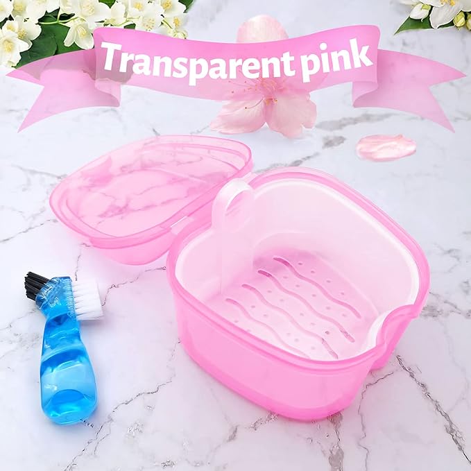 Denture Bath Case Denture Soaking Cup with Brush, Denture Holder Case Retainer Cleaning Case False Teeth Storage Box for Travel and Daily Use
