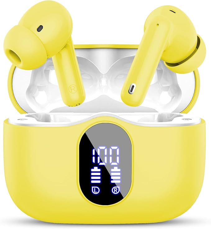 Wireless Earbuds, Bluetooth 5.4 Headphones Bass Stereo, Ear Buds with Noise Cancelling Mic, IP7 Waterproof in Ear Earphones, 36H LED Display Bluetooth Earbuds for Laptop Pad Phones Sports, Yellow-StrideForce Fitness