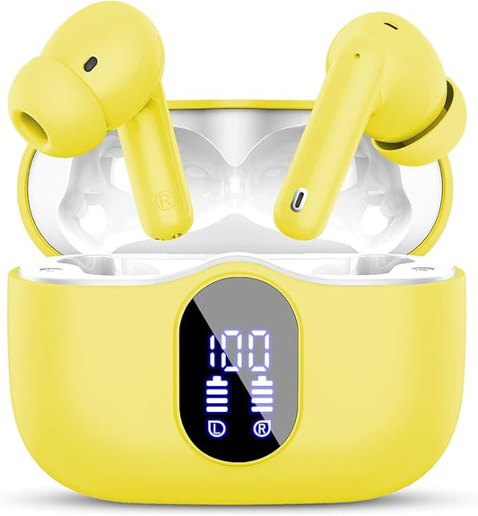 Wireless Earbuds, Bluetooth 5.4 Headphones Bass Stereo, Ear Buds with Noise Cancelling Mic, IP7 Waterproof in Ear Earphones, 36H LED Display Bluetooth Earbuds for Laptop Pad Phones Sports, Yellow-StrideForce Fitness