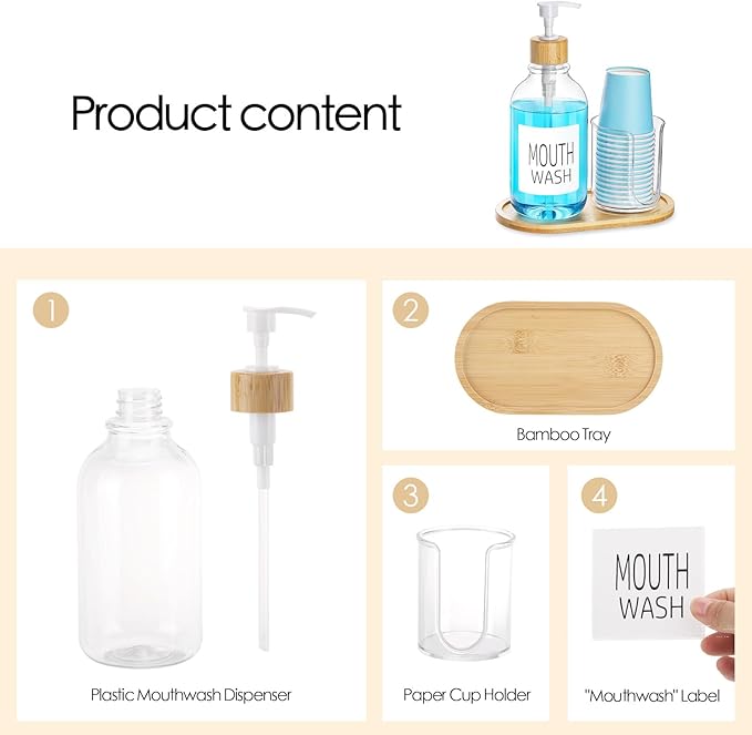 Mouthwash Dispenser with Cup Holder, Plastic Mouth Wash Pump Bottle with Tray for Bathroom Organizers, 17oz Refillable Clear Mouthwash Container - Bamboo