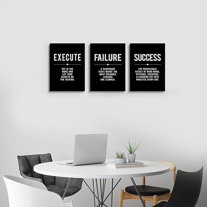 Framed Canvas Wall Art Success Quote For Office, Black Large Positive Motivational Poster, Set of 3, Execute Failure Definition, Inspirational Print (A-3pcs,12x16inchx3pcs)-StrideForce Fitness