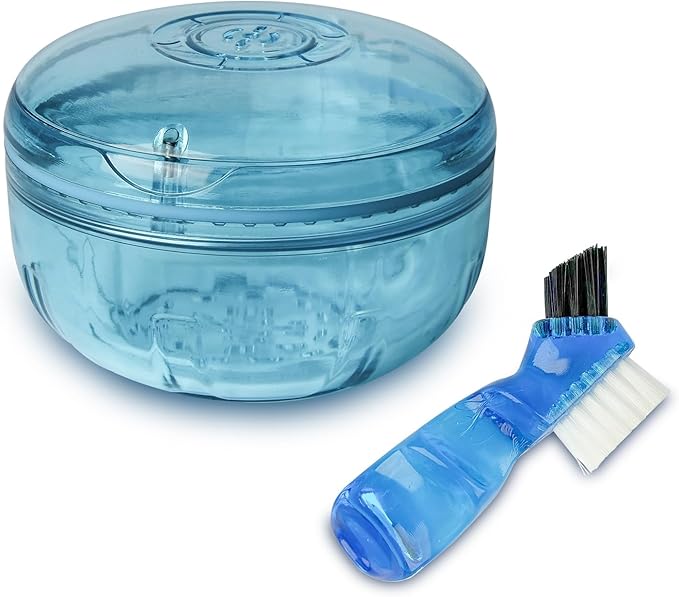 Retainer Cleaning Case,Portable No-Leak Denture Cup Case with Dentures Brush Kit, Travel Retainer Cases with Vent Holes for Clear Aligner,Mouth Guards,Night Guard,Dentures (Blue)