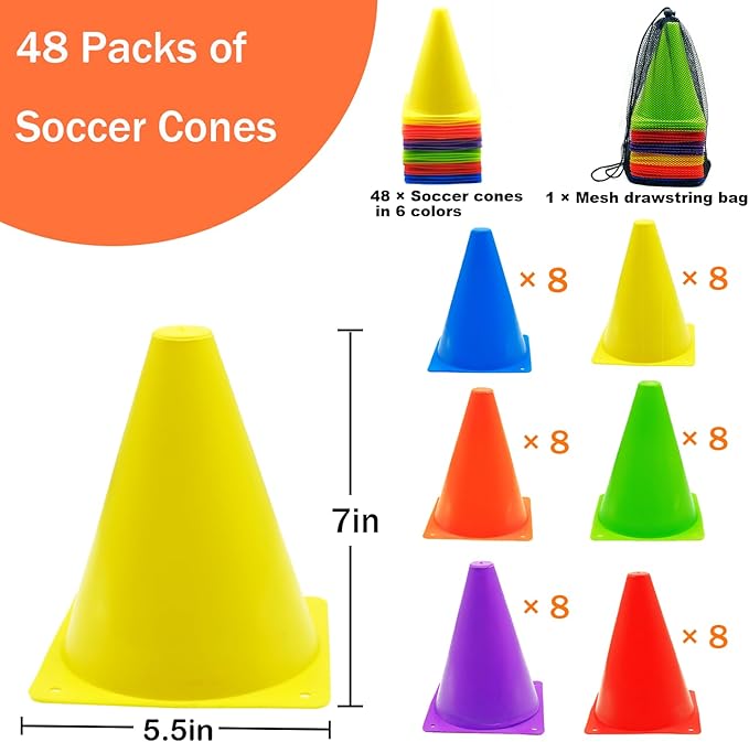 12/24/48Pcs Soccer Cones,7" or 9" Soccer Cones for Training, Multicolor Cones Sports Soccer Training Cones, Field Cones for Skating Basketball Football Drills Practice-StrideForce Fitness