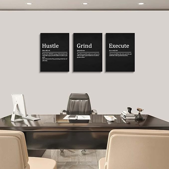 EPHANY Hustle Grind Execute - Wall Hanging Decor, Framed Canvas Office Art, Set of 3 Inspirational Prints-StrideForce Fitness