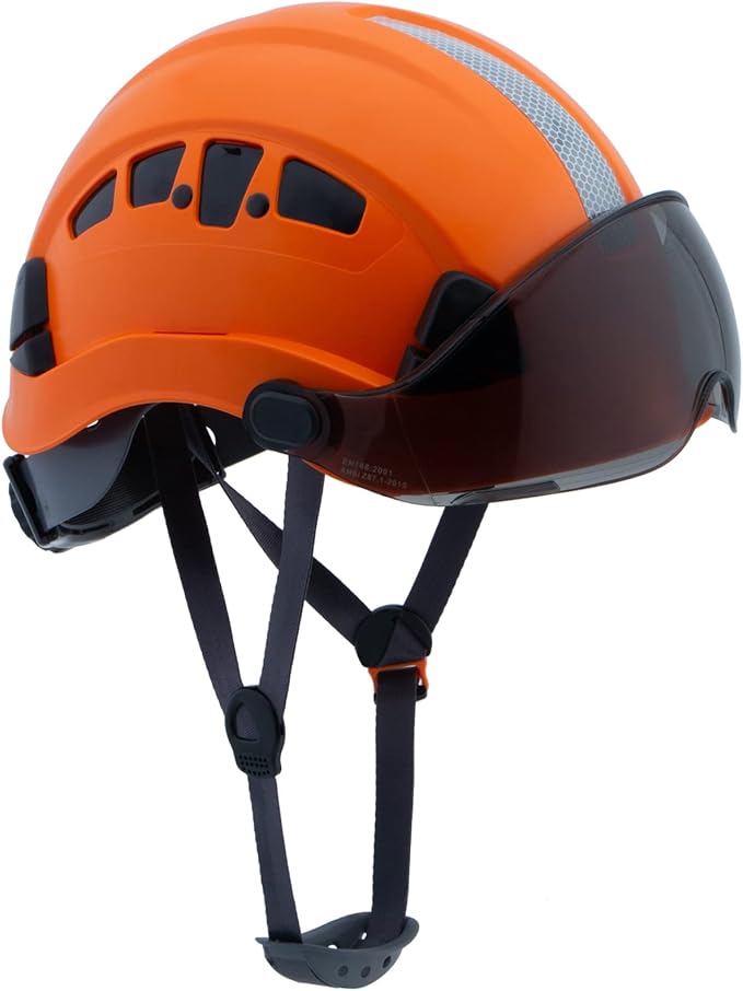 Hard Hats Construction Safety Helmet with Visor ANSI Z89.1 Approved OSHA Hardhat, LOHASPRO Vented Men Work Hard Hat with Chin Strap Tree Climbing Arborist Helmet (P4 Orange+Smoked Visor)-StrideForce Fitness