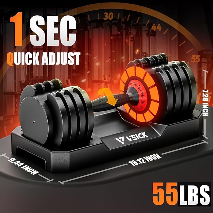 VEICK 25/55 lbs Adjustable Dumbbell with Anti-Slip Turning Handle, Fast Adjust Weight for Men Women, Exercise Equipment with Tray for Home Gym Full Body Workout Fitness-StrideForce Fitness